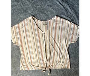 Tru Self Terracotta Stripe Button V-Neck Boho Blouse Small S 11BQ-EXJK